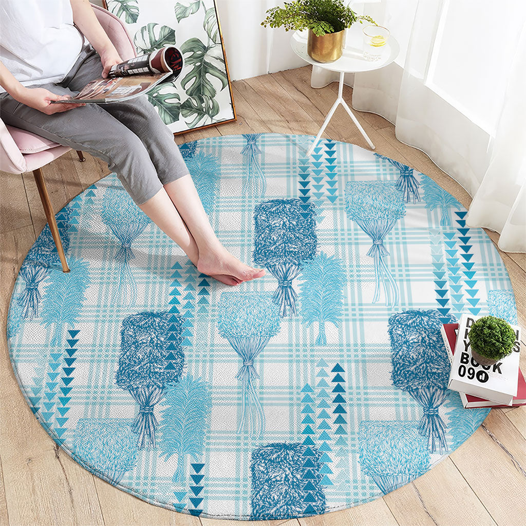 Aloha Hawaii Vintage Kahili Pa'a Lima Round Carpet Palaka Print Oceanic Turquoise