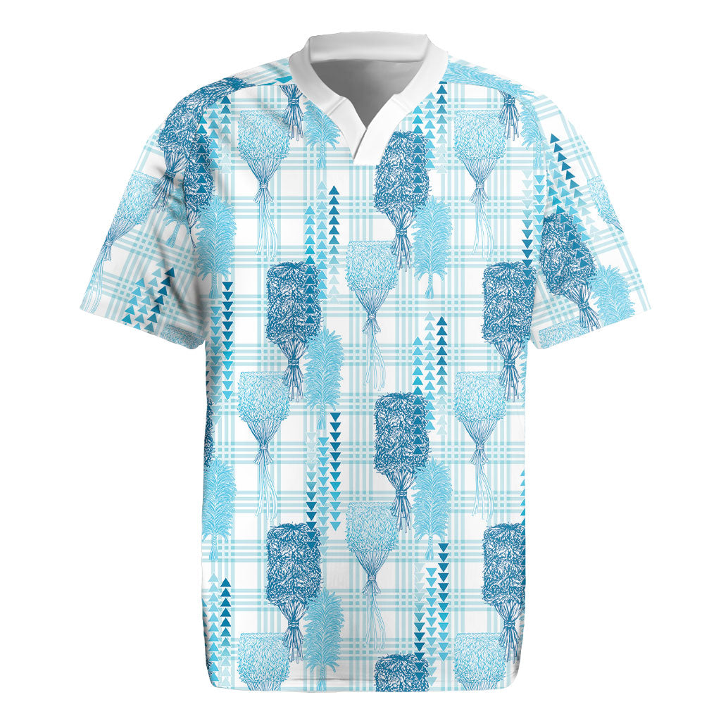Aloha Hawaii Vintage Kahili Pa'a Lima Rugby Jersey Palaka Print Oceanic Turquoise