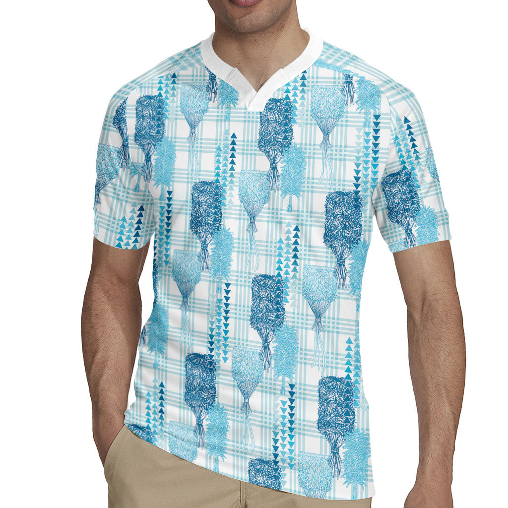 Aloha Hawaii Vintage Kahili Pa'a Lima Rugby Jersey Palaka Print Oceanic Turquoise