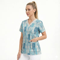 Aloha Hawaii Vintage Kahili Pa'a Lima Scrub Top Palaka Print Oceanic Turquoise