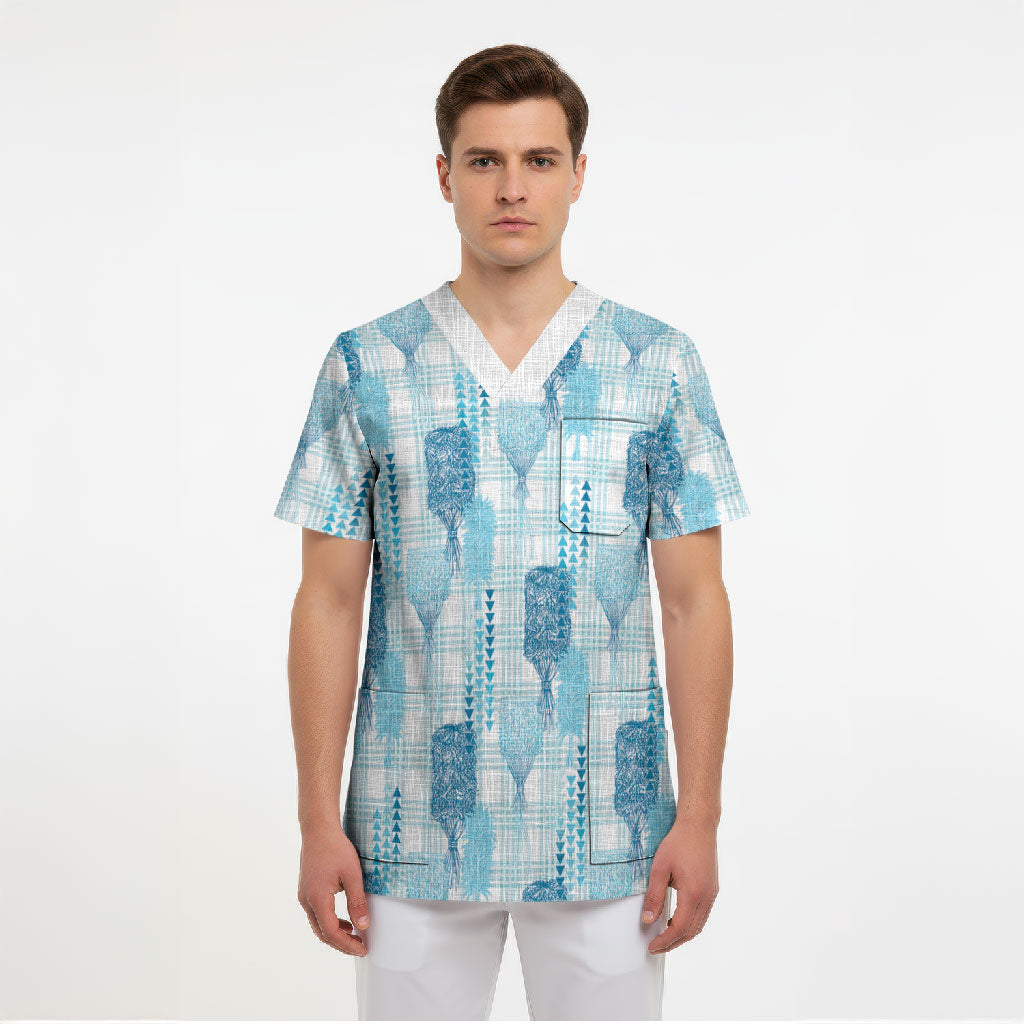Aloha Hawaii Vintage Kahili Pa'a Lima Scrub Top Palaka Print Oceanic Turquoise