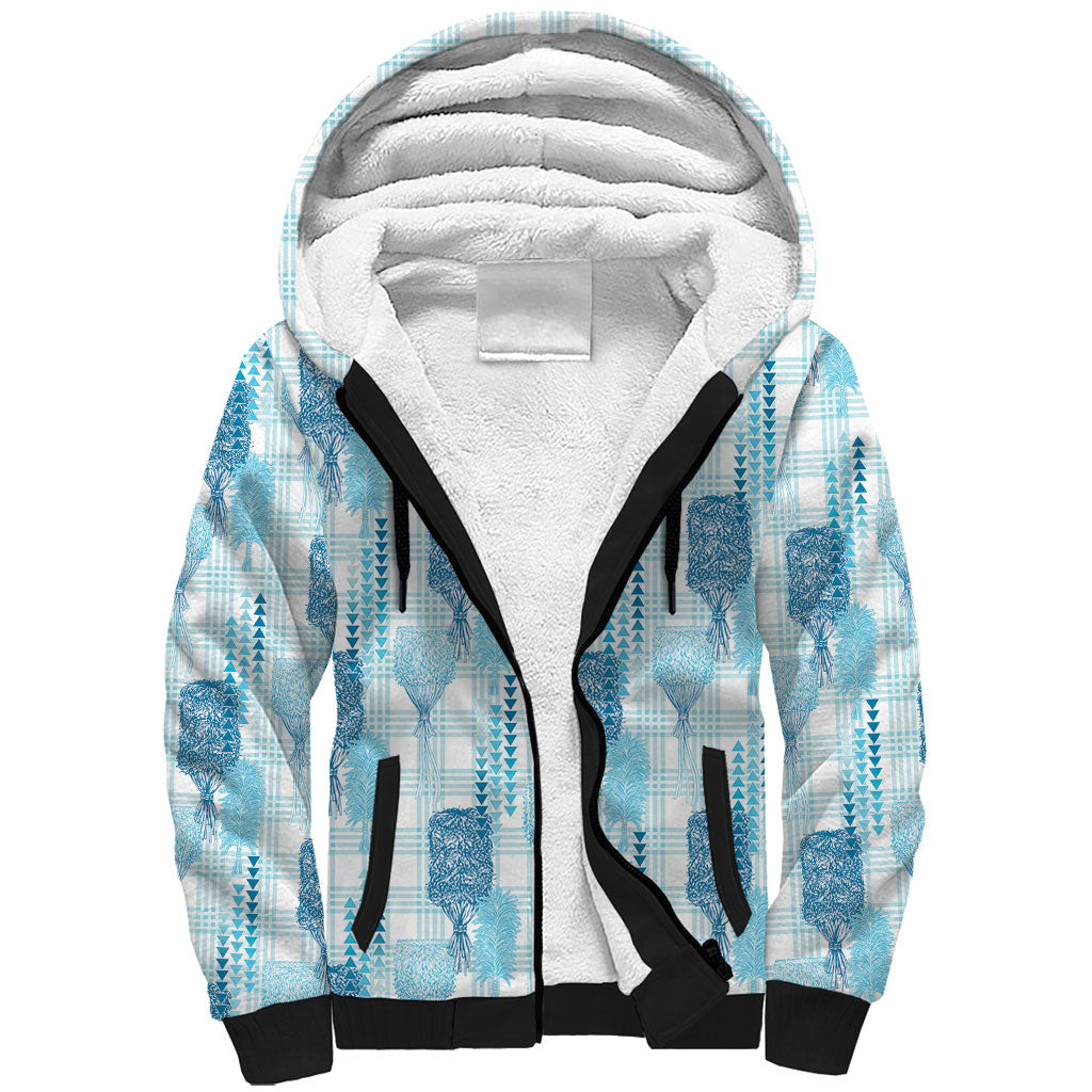 Aloha Hawaii Vintage Kahili Pa'a Lima Sherpa Hoodie Palaka Print Oceanic Turquoise