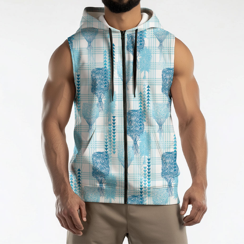 Aloha Hawaii Vintage Kahili Pa'a Lima Sleeveless Zip Hoodie Palaka Print Oceanic Turquoise