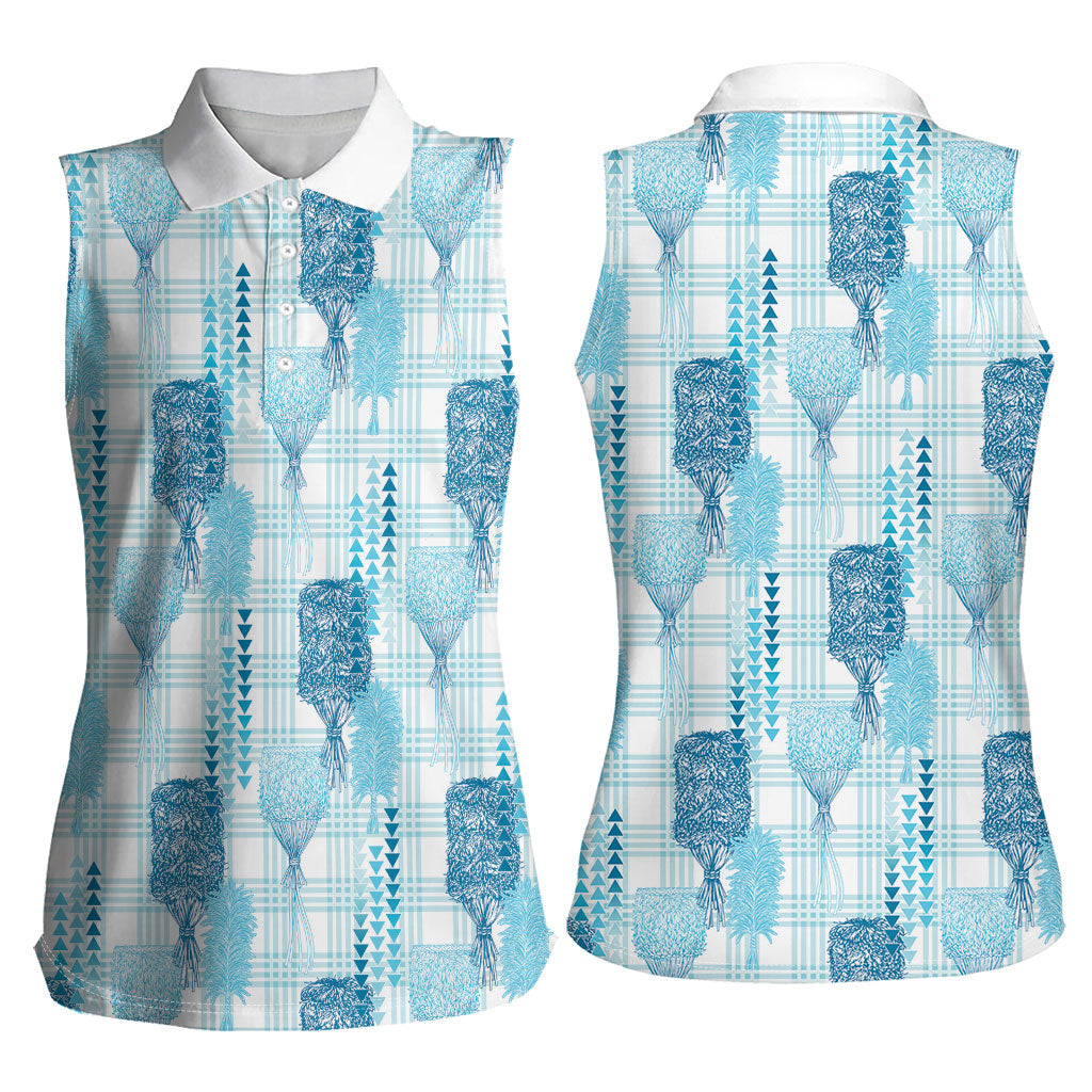 Aloha Hawaii Vintage Kahili Pa'a Lima Women Sleeveless Polo Shirt Palaka Print Oceanic Turquoise