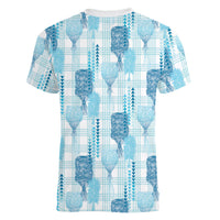 Aloha Hawaii Vintage Kahili Pa'a Lima Women V-Neck T-Shirt Palaka Print Oceanic Turquoise