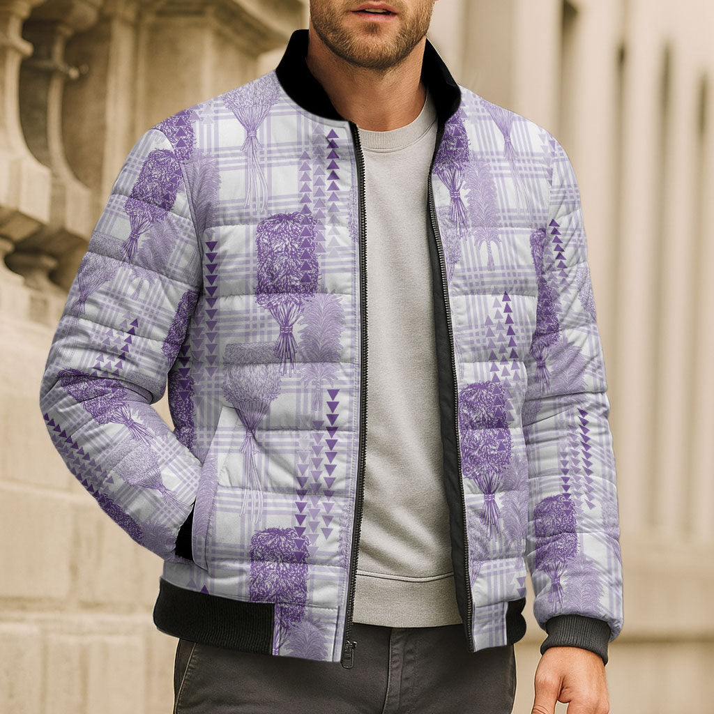 Aloha Hawaii Vintage Kahili Pa'a Lima Bomber Puffer Jacket Palaka Print Pastel Lavender