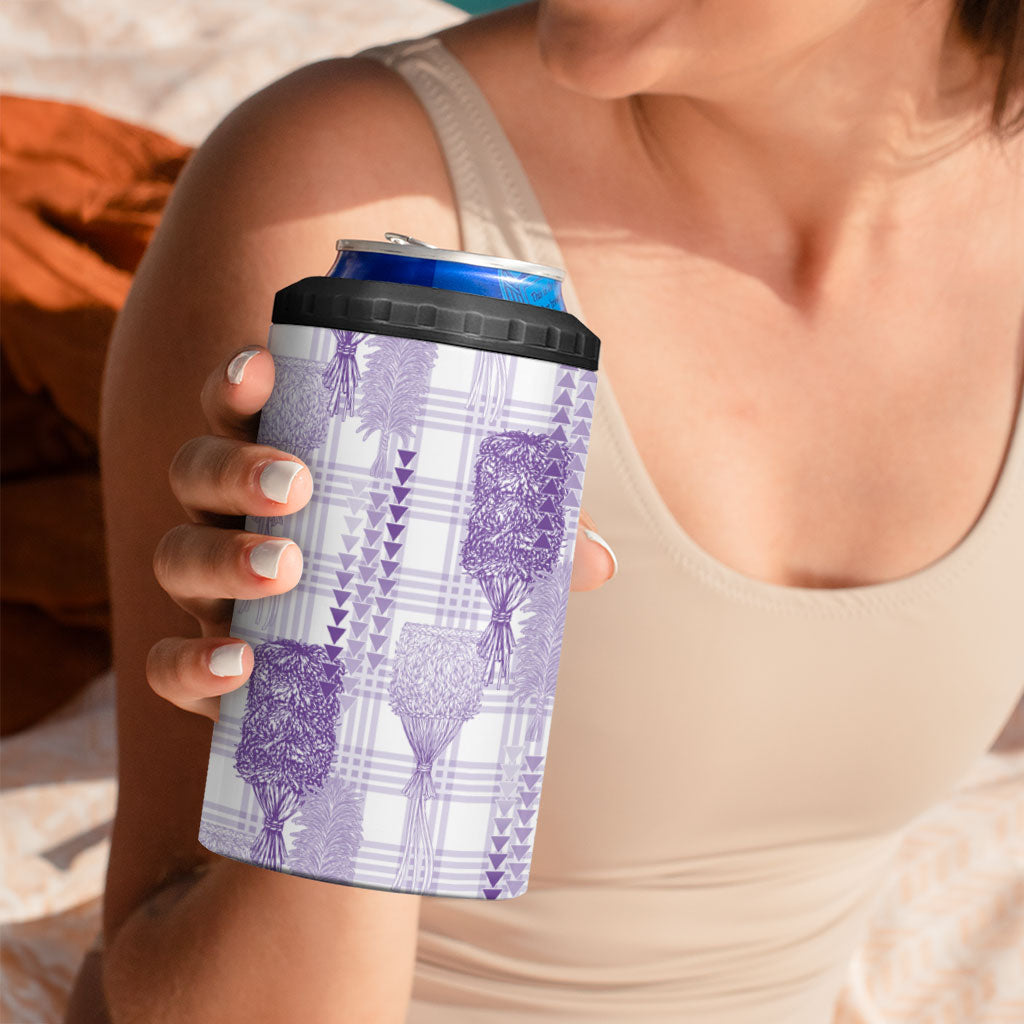 Aloha Hawaii Vintage Kahili Pa'a Lima 4 in 1 Can Cooler Tumbler Palaka Print Pastel Lavender