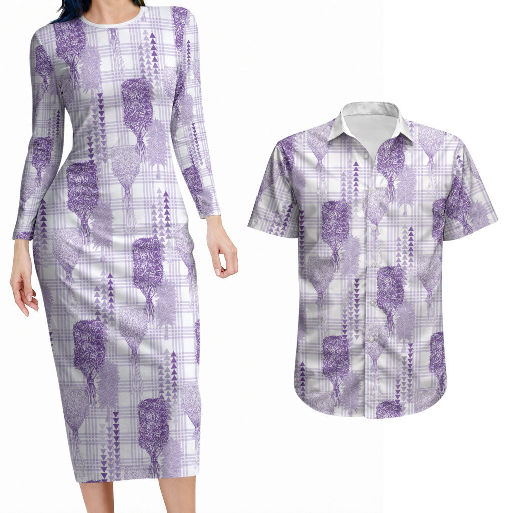 Aloha Hawaii Vintage Kahili Pa'a Lima Couples Matching Long Sleeve Bodycon Dress and Hawaiian Shirt Palaka Print Pastel Lavender LT7 Lavender - Polynesian Pride