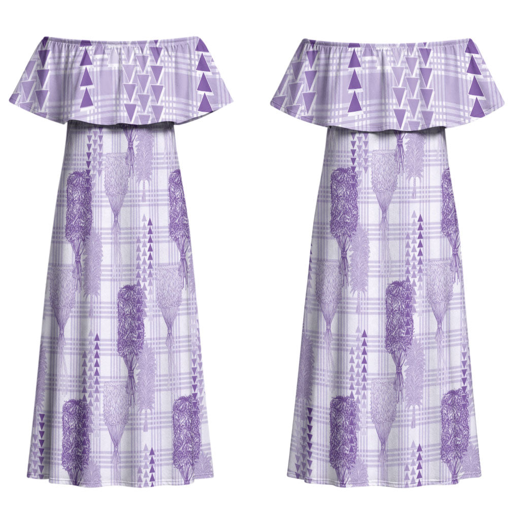 Aloha Hawaii Vintage Kahili Pa'a Lima Couples Matching Off Shoulder Maxi Dress and Hawaiian Shirt Palaka Print Pastel Lavender