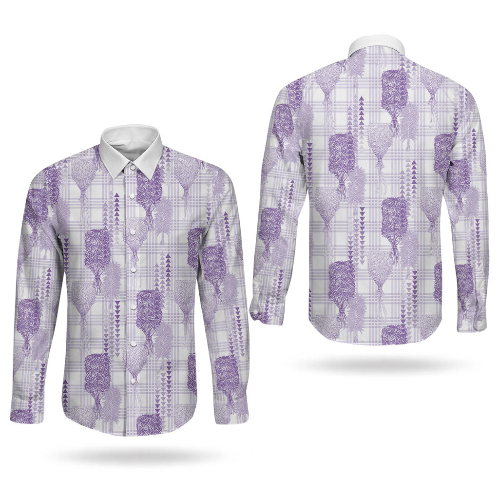 Aloha Hawaii Vintage Kahili Pa'a Lima Couples Matching Off Shoulder Short Dress and Long Sleeve Button Shirt Palaka Print Pastel Lavender