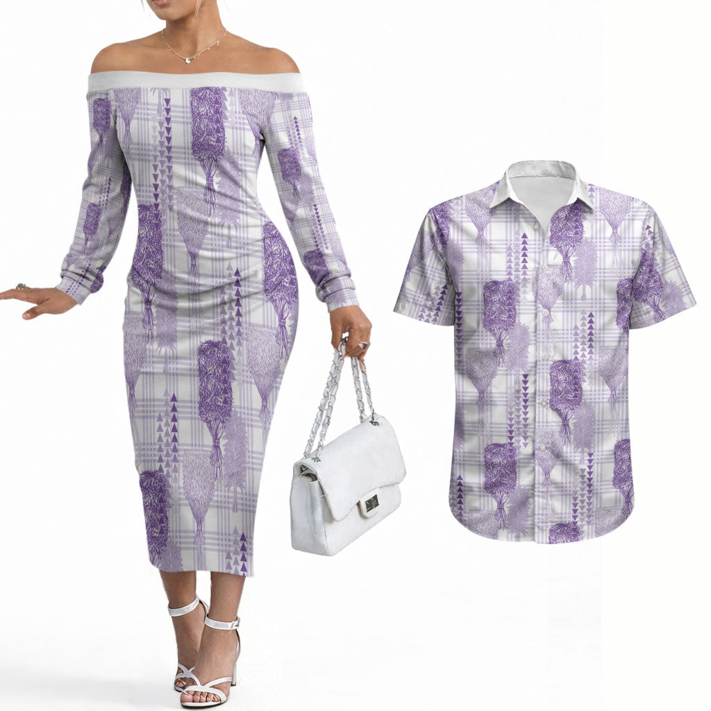 Aloha Hawaii Vintage Kahili Pa'a Lima Couples Matching Off The Shoulder Long Sleeve Dress and Hawaiian Shirt Palaka Print Pastel Lavender
