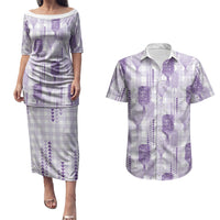 Aloha Hawaii Vintage Kahili Pa'a Lima Couples Matching Puletasi and Hawaiian Shirt Palaka Print Pastel Lavender