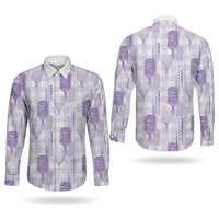 Aloha Hawaii Vintage Kahili Pa'a Lima Couples Matching Puletasi and Long Sleeve Button Shirt Palaka Print Pastel Lavender