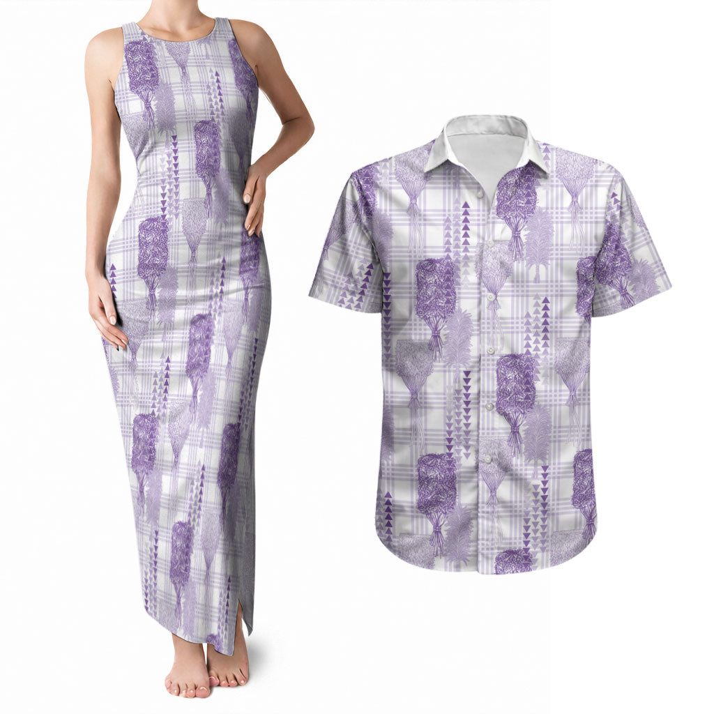 Aloha Hawaii Vintage Kahili Pa'a Lima Couples Matching Tank Maxi Dress and Hawaiian Shirt Palaka Print Pastel Lavender
