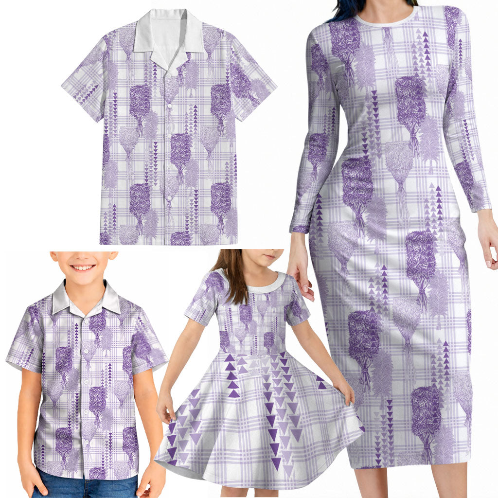 Aloha Hawaii Vintage Kahili Pa'a Lima Family Matching Long Sleeve Bodycon Dress and Hawaiian Shirt Palaka Print Pastel Lavender