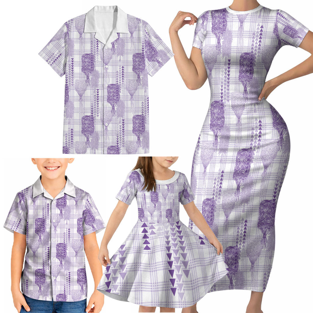 Aloha Hawaii Vintage Kahili Pa'a Lima Family Matching Short Sleeve Bodycon Dress and Hawaiian Shirt Palaka Print Pastel Lavender LT7 - Polynesian Pride