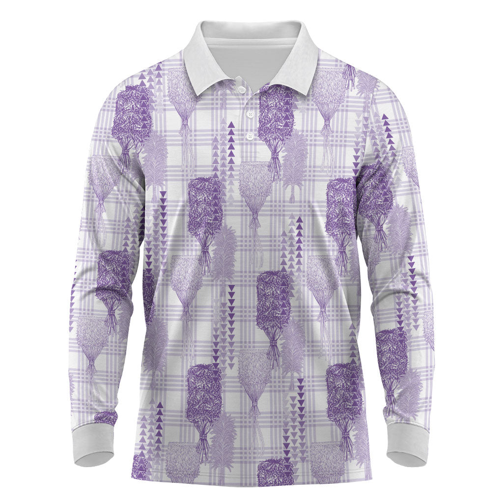 Aloha Hawaii Vintage Kahili Pa'a Lima Long Sleeve Polo Shirt Palaka Print Pastel Lavender