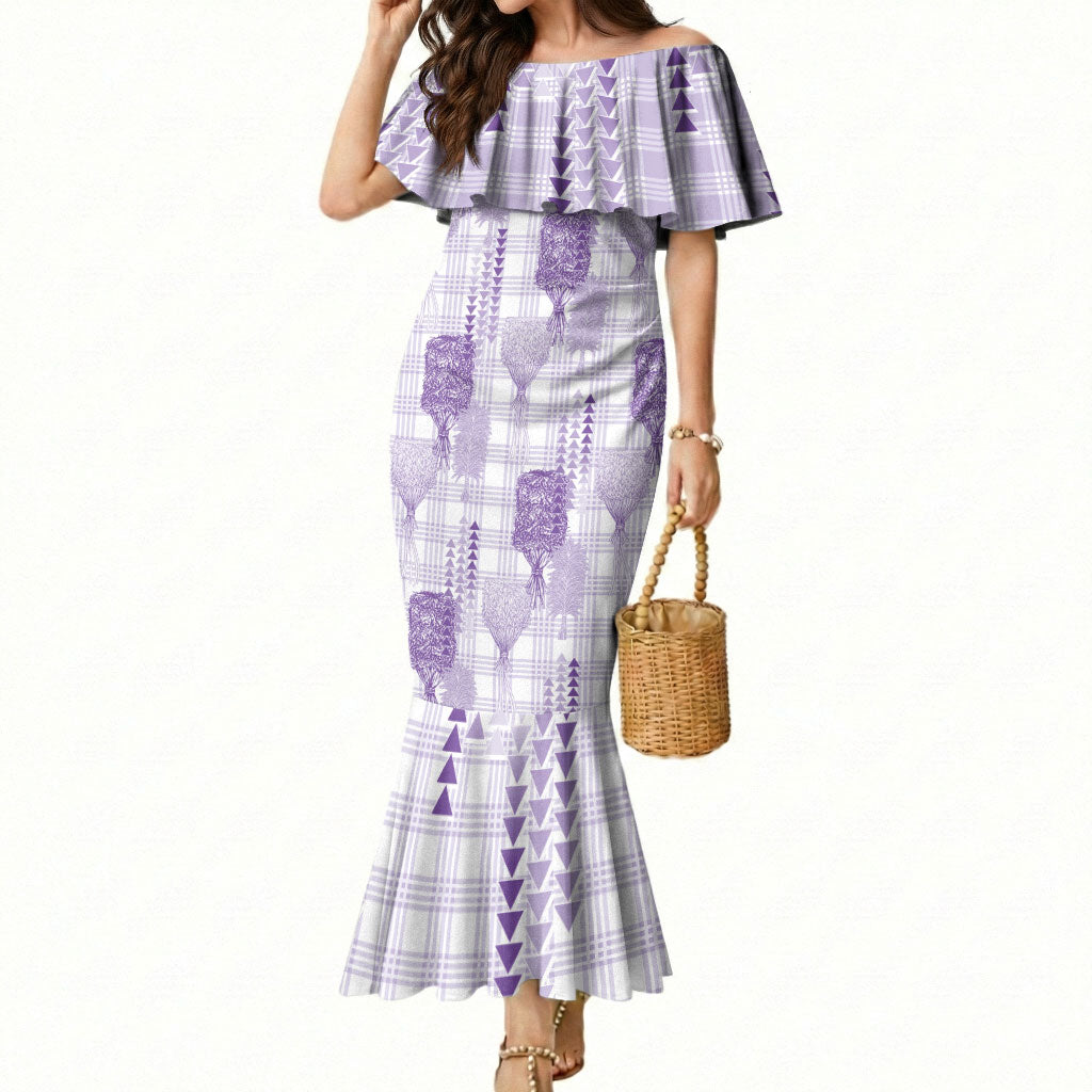 Aloha Hawaii Vintage Kahili Pa'a Lima Mermaid Dress Palaka Print Pastel Lavender LT7 Women Lavender - Polynesian Pride