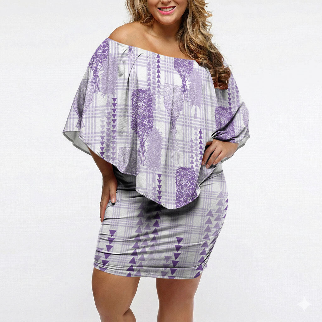 Aloha Hawaii Vintage Kahili Pa'a Lima Off Shoulder Short Dress Palaka Print Pastel Lavender LT7 Women Lavender - Polynesian Pride