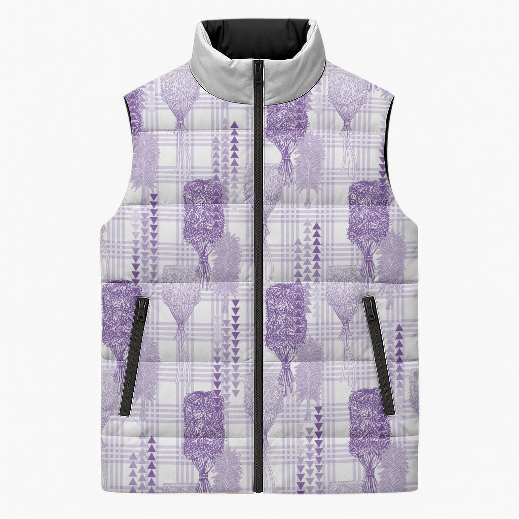 Aloha Hawaii Vintage Kahili Pa'a Lima Sleeveless Puffer Jacket Palaka Print Pastel Lavender