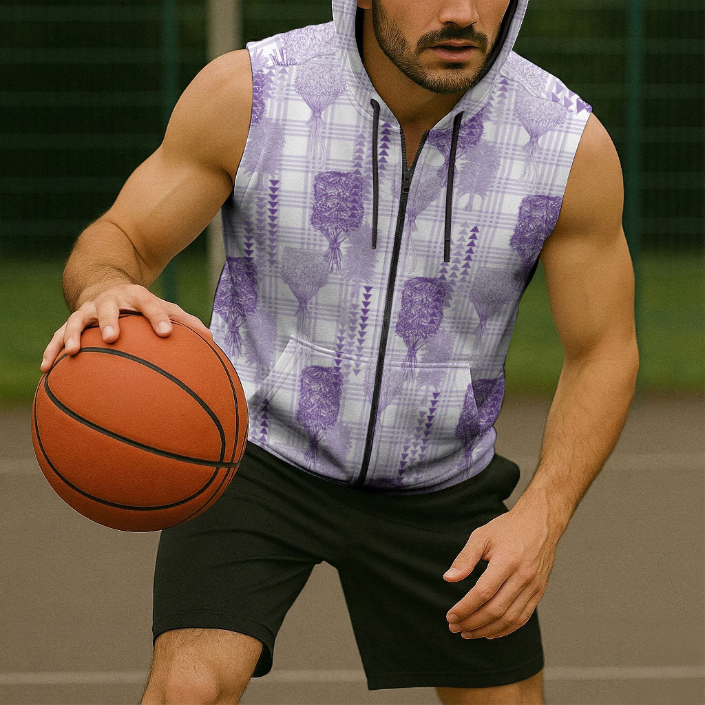 Aloha Hawaii Vintage Kahili Pa'a Lima Sleeveless Zip Hoodie Palaka Print Pastel Lavender
