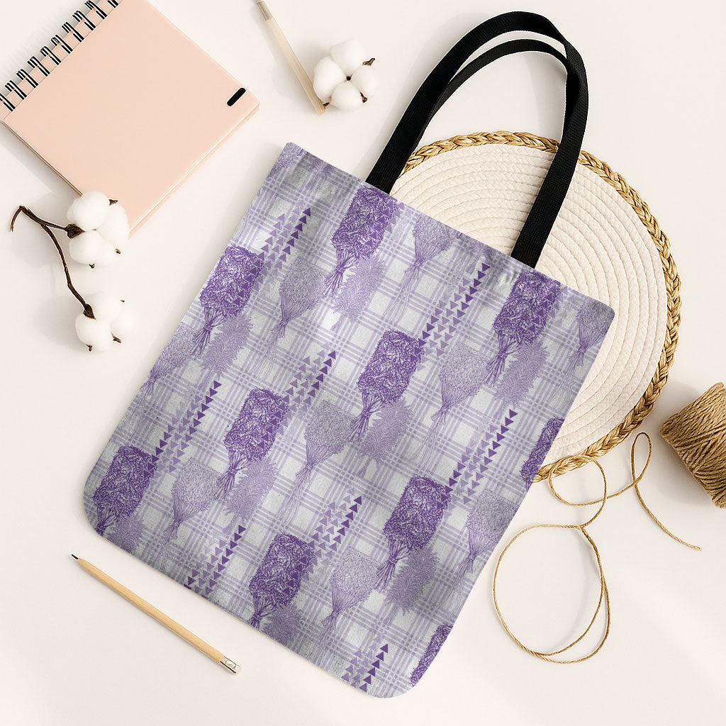 Aloha Hawaii Vintage Kahili Pa'a Lima Tote Bag Palaka Print Pastel Lavender