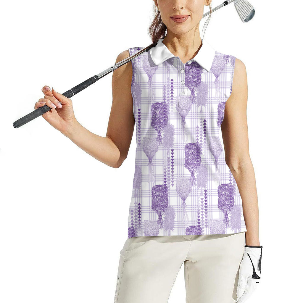 Aloha Hawaii Vintage Kahili Pa'a Lima Women Sleeveless Polo Shirt Palaka Print Pastel Lavender