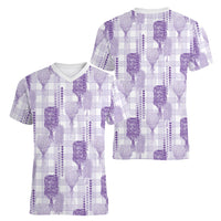 Aloha Hawaii Vintage Kahili Pa'a Lima Women V-Neck T-Shirt Palaka Print Pastel Lavender