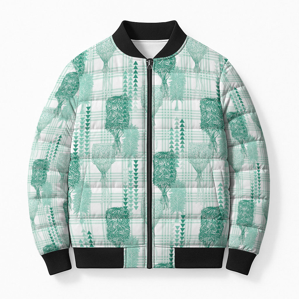 Aloha Hawaii Vintage Kahili Pa'a Lima Bomber Puffer Jacket Palaka Print Mossy Teal