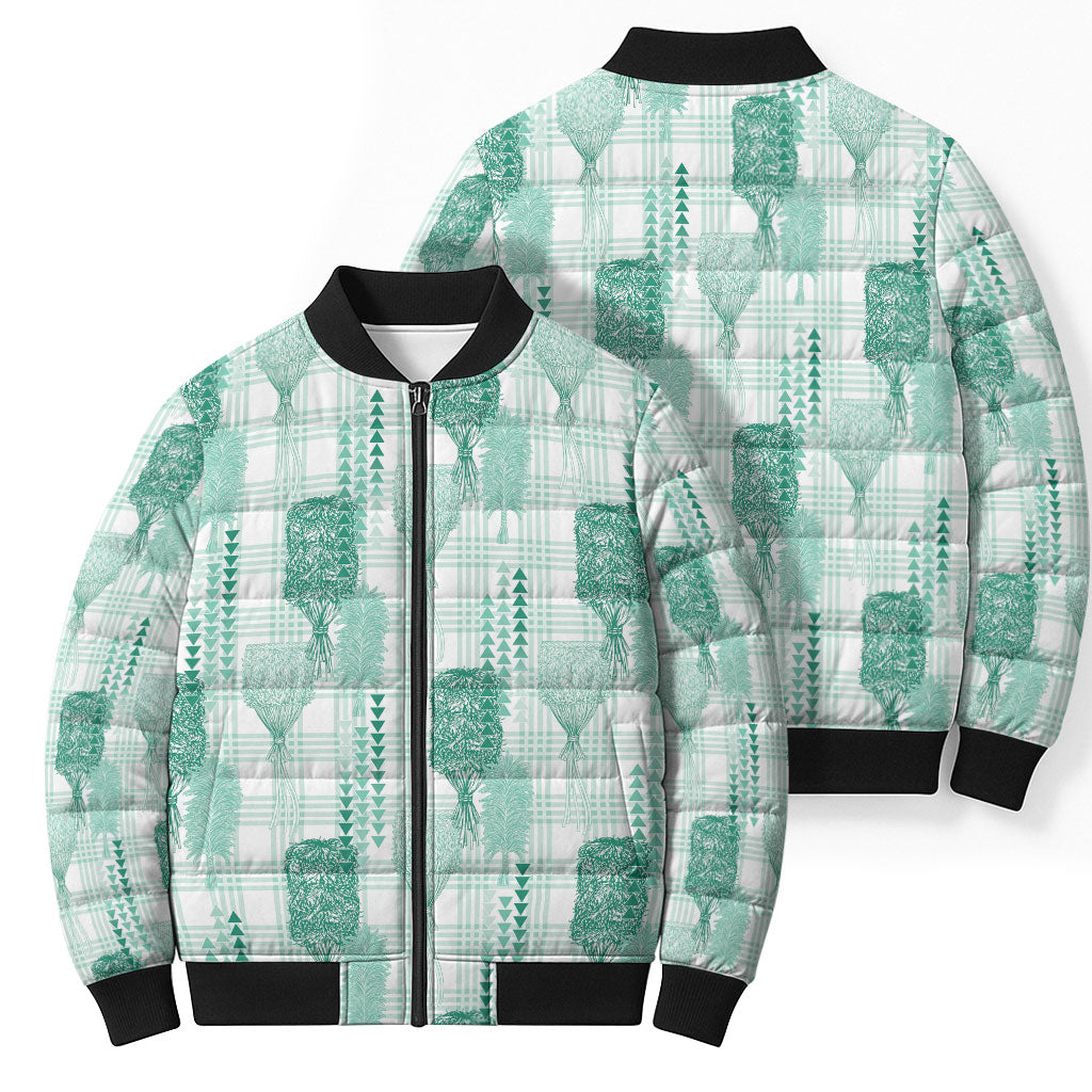 Aloha Hawaii Vintage Kahili Pa'a Lima Bomber Puffer Jacket Palaka Print Mossy Teal