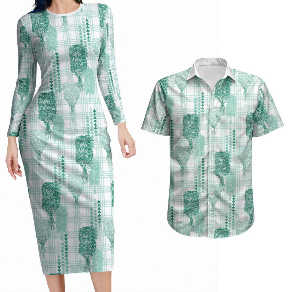 Aloha Hawaii Vintage Kahili Pa'a Lima Couples Matching Long Sleeve Bodycon Dress and Hawaiian Shirt Palaka Print Mossy Teal