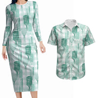 Aloha Hawaii Vintage Kahili Pa'a Lima Couples Matching Long Sleeve Bodycon Dress and Hawaiian Shirt Palaka Print Mossy Teal