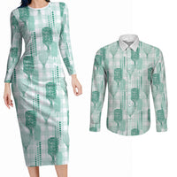 Aloha Hawaii Vintage Kahili Pa'a Lima Couples Matching Long Sleeve Bodycon Dress and Long Sleeve Button Shirt Palaka Print Mossy Teal