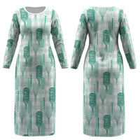 Aloha Hawaii Vintage Kahili Pa'a Lima Couples Matching Long Sleeve Bodycon Dress and Long Sleeve Button Shirt Palaka Print Mossy Teal