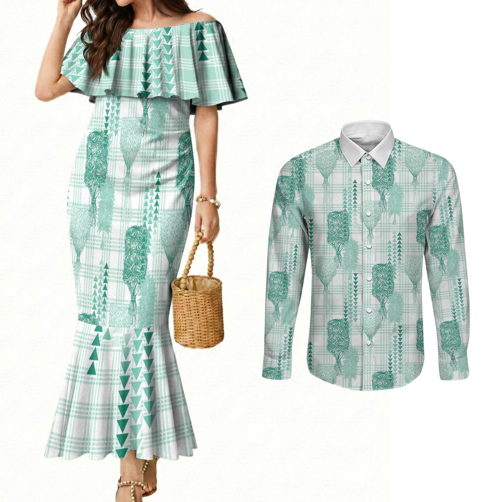 Aloha Hawaii Vintage Kahili Pa'a Lima Couples Matching Mermaid Dress and Long Sleeve Button Shirt Palaka Print Mossy Teal
