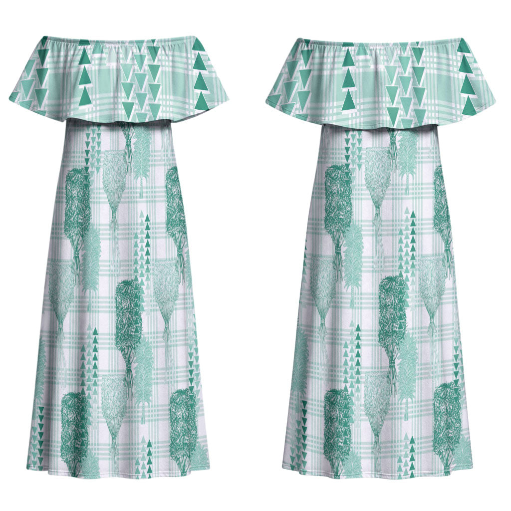 Aloha Hawaii Vintage Kahili Pa'a Lima Couples Matching Off Shoulder Maxi Dress and Hawaiian Shirt Palaka Print Mossy Teal