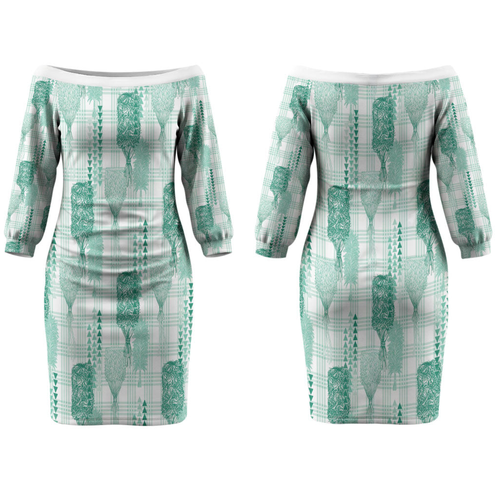 Aloha Hawaii Vintage Kahili Pa'a Lima Couples Matching Off The Shoulder Long Sleeve Dress and Hawaiian Shirt Palaka Print Mossy Teal
