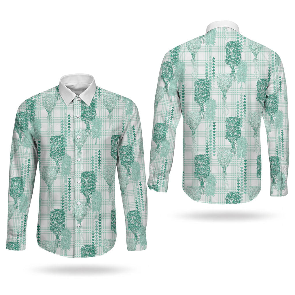 Aloha Hawaii Vintage Kahili Pa'a Lima Couples Matching Off The Shoulder Long Sleeve Dress and Long Sleeve Button Shirt Palaka Print Mossy Teal