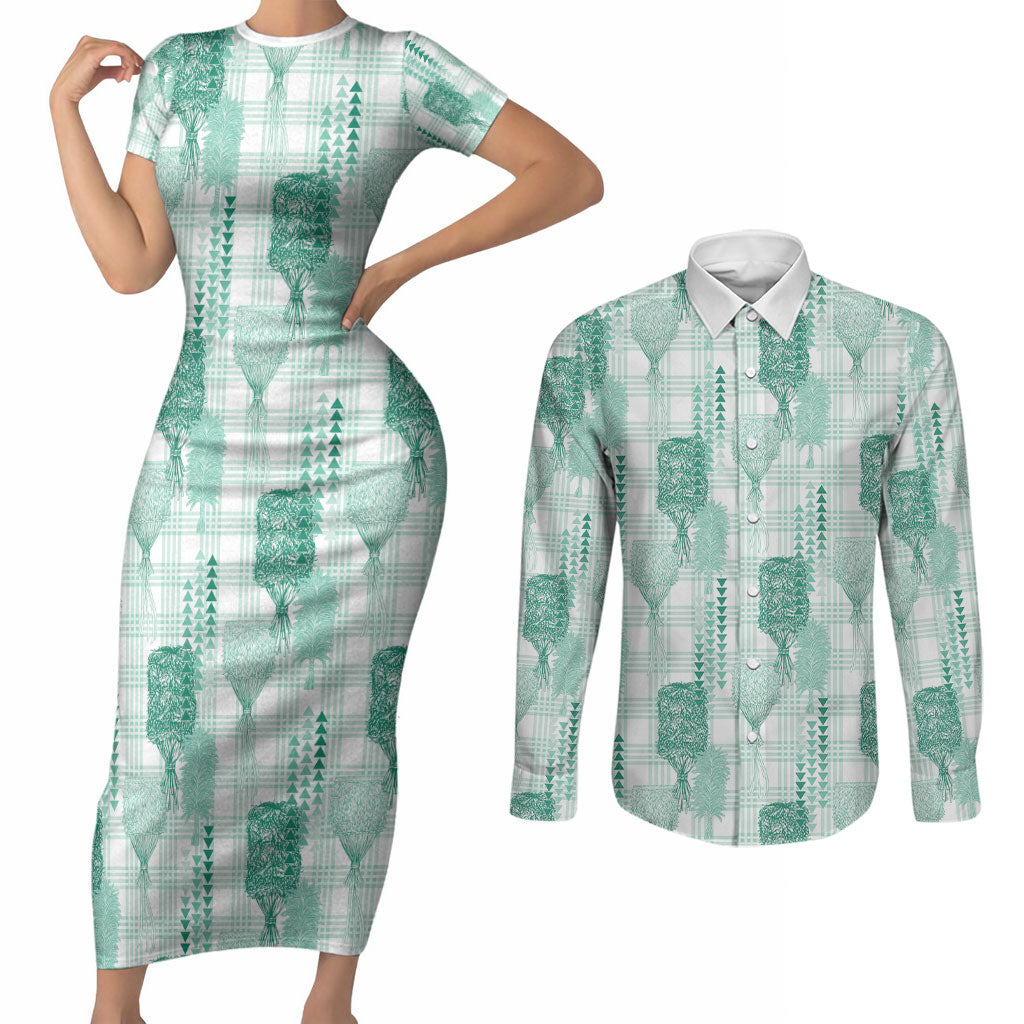 Aloha Hawaii Vintage Kahili Pa'a Lima Couples Matching Short Sleeve Bodycon Dress and Long Sleeve Button Shirt Palaka Print Mossy Teal