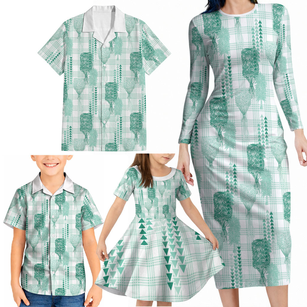 Aloha Hawaii Vintage Kahili Pa'a Lima Family Matching Long Sleeve Bodycon Dress and Hawaiian Shirt Palaka Print Mossy Teal LT7 - Polynesian Pride