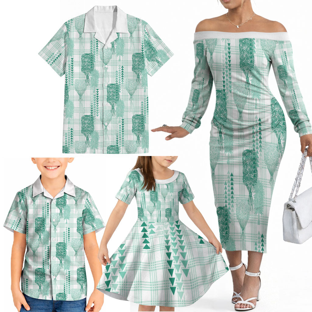 Aloha Hawaii Vintage Kahili Pa'a Lima Family Matching Off The Shoulder Long Sleeve Dress and Hawaiian Shirt Palaka Print Mossy Teal