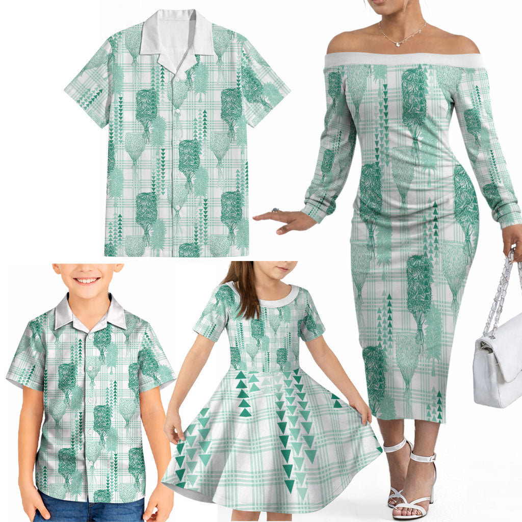 Aloha Hawaii Vintage Kahili Pa'a Lima Family Matching Off The Shoulder Long Sleeve Dress and Hawaiian Shirt Palaka Print Mossy Teal LT7 - Polynesian Pride