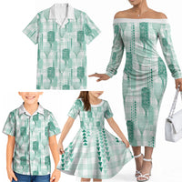 Aloha Hawaii Vintage Kahili Pa'a Lima Family Matching Off The Shoulder Long Sleeve Dress and Hawaiian Shirt Palaka Print Mossy Teal