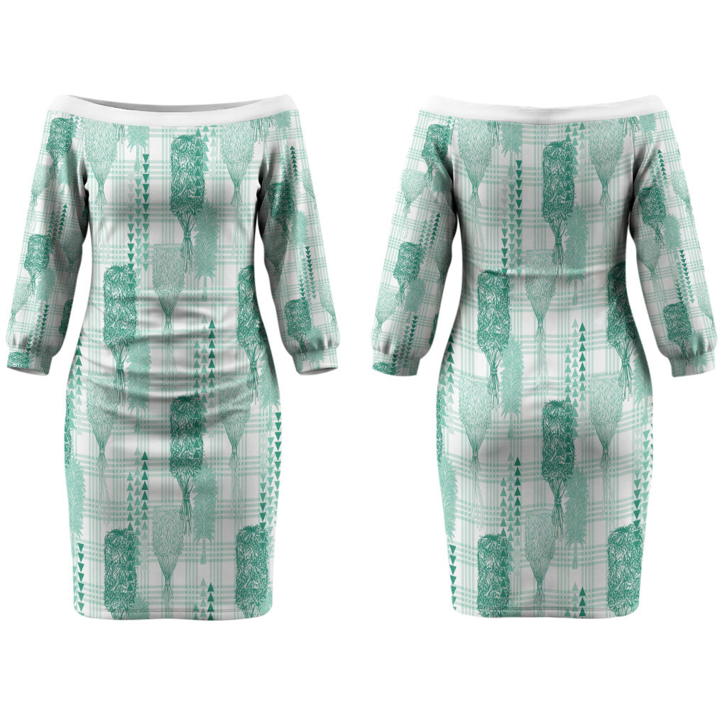 Aloha Hawaii Vintage Kahili Pa'a Lima Family Matching Off The Shoulder Long Sleeve Dress and Hawaiian Shirt Palaka Print Mossy Teal