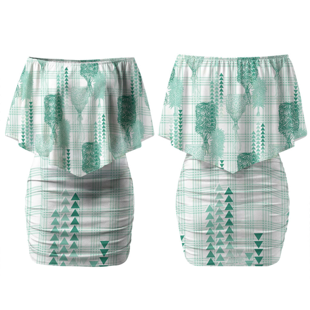 Aloha Hawaii Vintage Kahili Pa'a Lima Family Matching Off Shoulder Short Dress and Hawaiian Shirt Palaka Print Mossy Teal