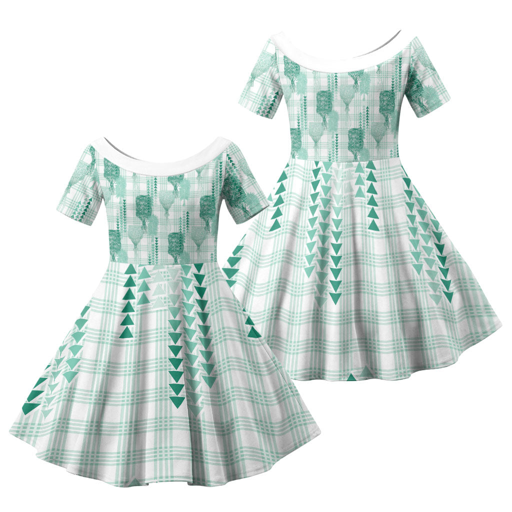Aloha Hawaii Vintage Kahili Pa'a Lima Family Matching Off Shoulder Short Dress and Hawaiian Shirt Palaka Print Mossy Teal
