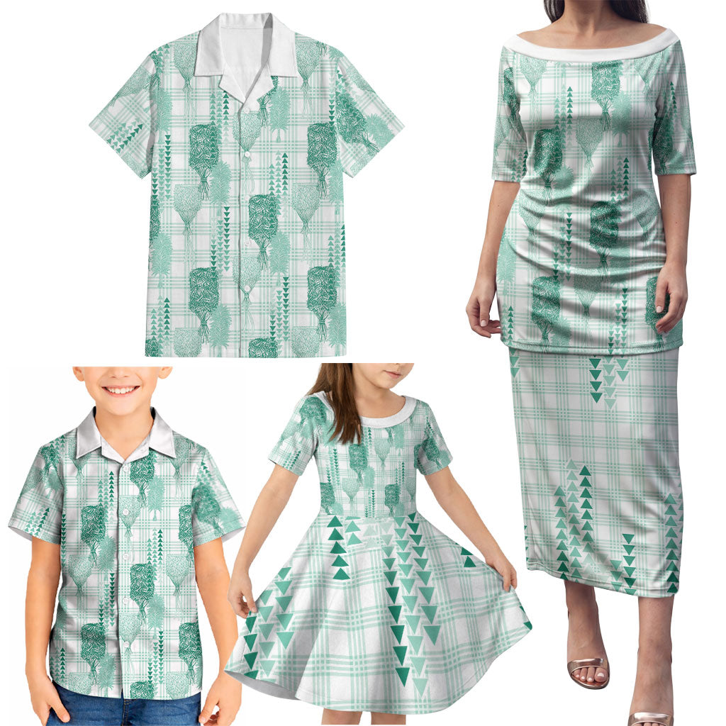 Aloha Hawaii Vintage Kahili Pa'a Lima Family Matching Puletasi and Hawaiian Shirt Palaka Print Mossy Teal LT7 - Polynesian Pride
