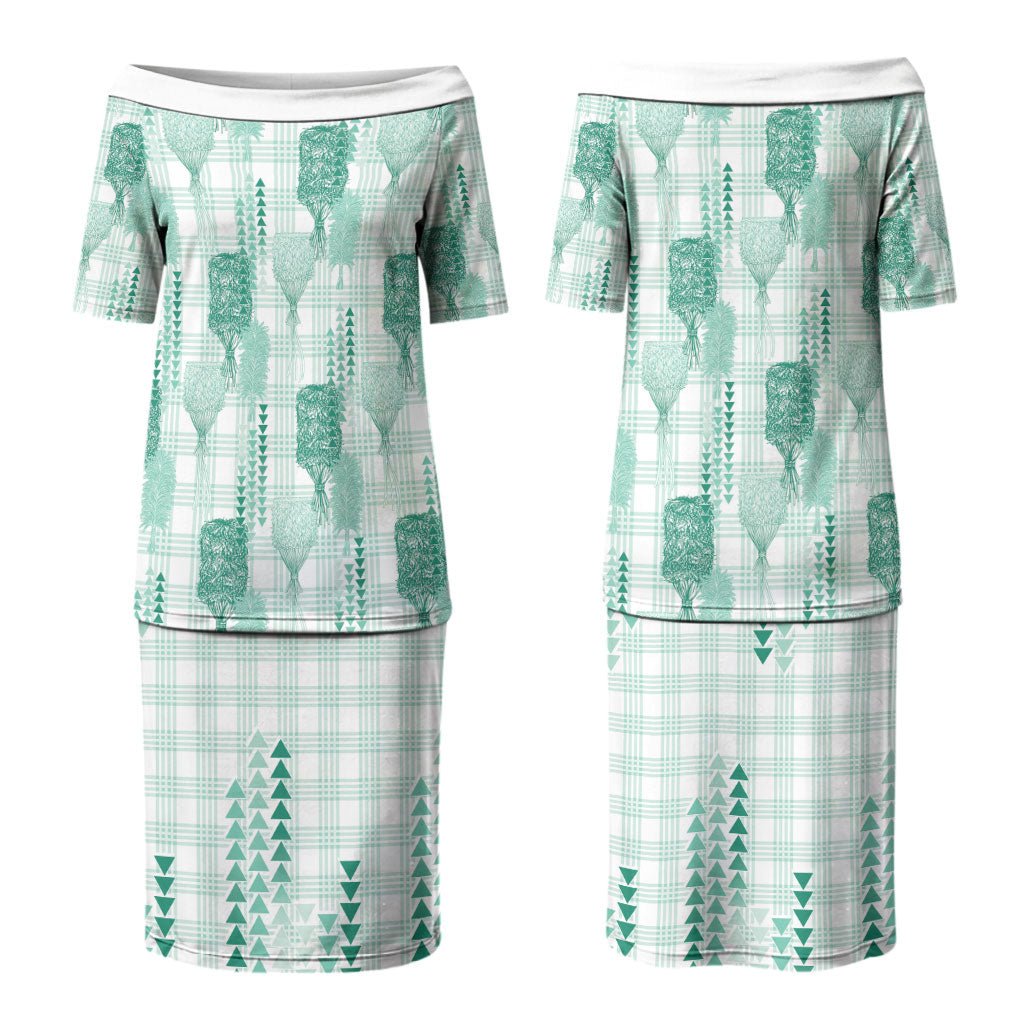 Aloha Hawaii Vintage Kahili Pa'a Lima Family Matching Puletasi and Hawaiian Shirt Palaka Print Mossy Teal