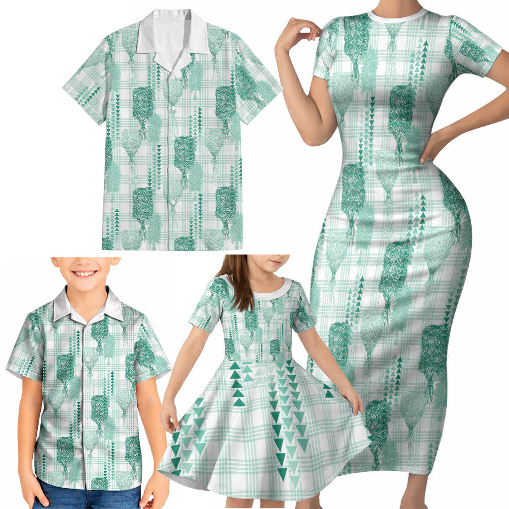 Aloha Hawaii Vintage Kahili Pa'a Lima Family Matching Short Sleeve Bodycon Dress and Hawaiian Shirt Palaka Print Mossy Teal LT7 - Polynesian Pride