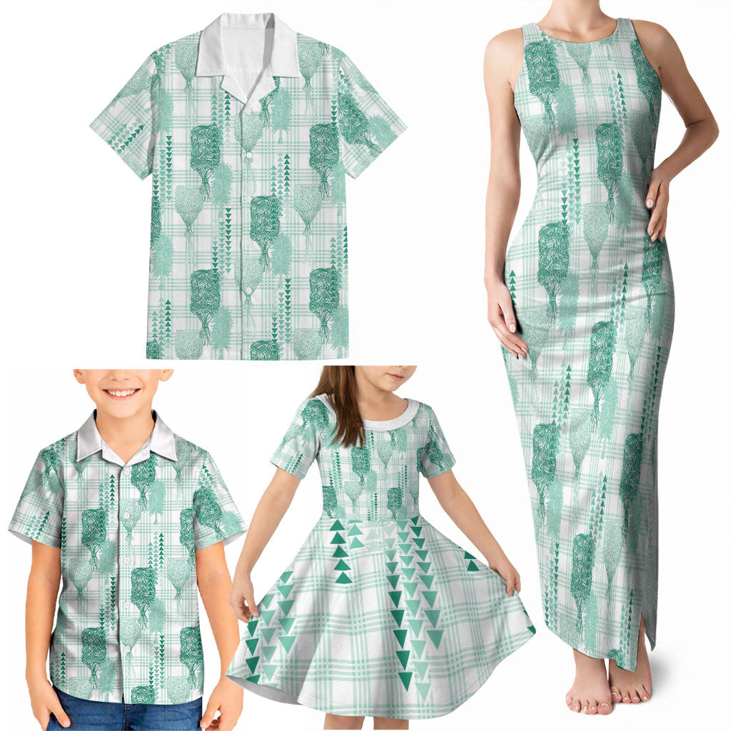 Aloha Hawaii Vintage Kahili Pa'a Lima Family Matching Tank Maxi Dress and Hawaiian Shirt Palaka Print Mossy Teal LT7 - Polynesian Pride